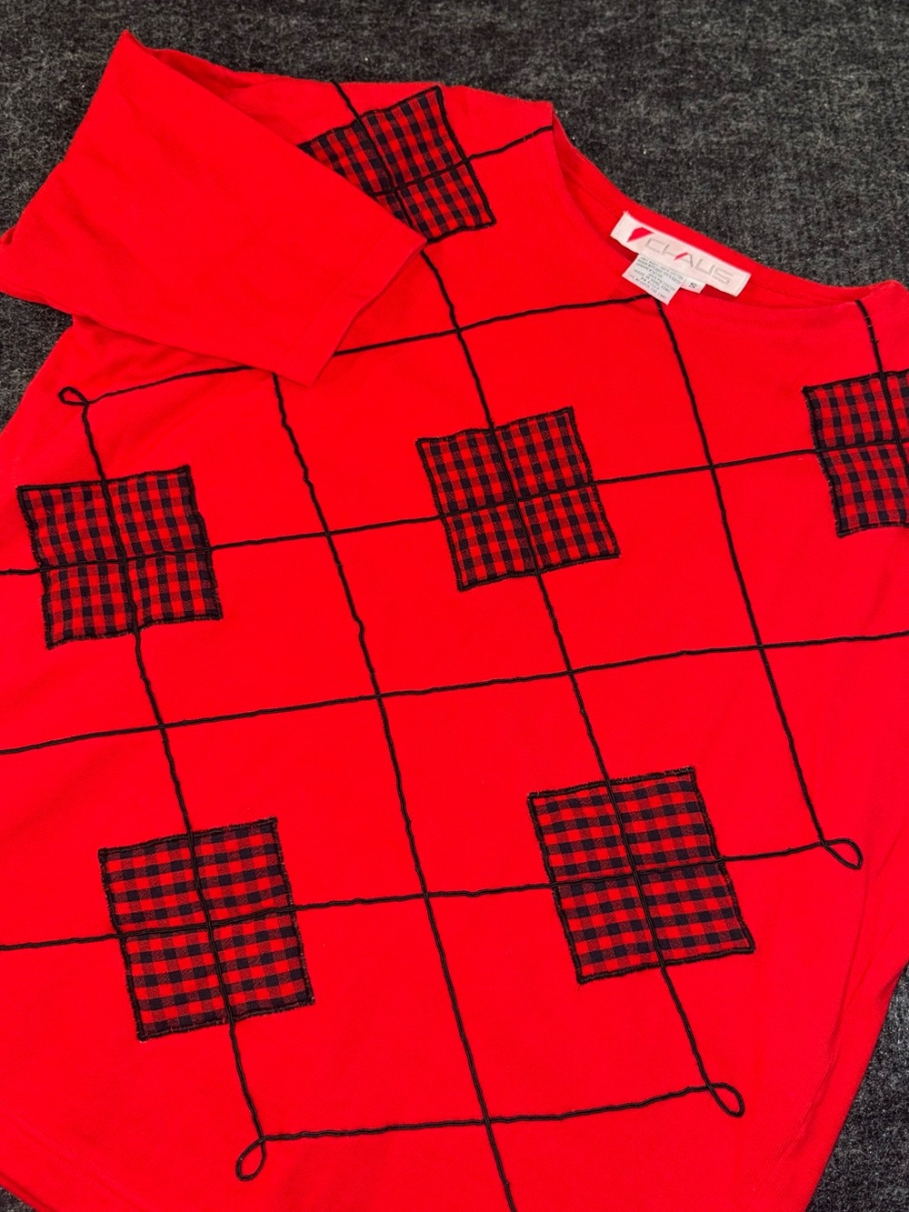 Vintage 80s/90s Women’s S Chaus Red Cotton Patchwork Knit Cottagecore Shirt